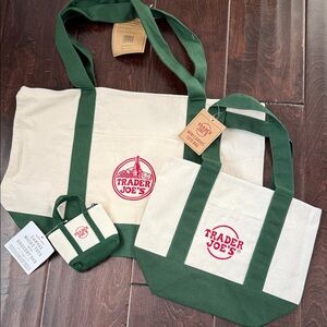 Trader Joe's Green and Cream Tote Bag Set (All 3)